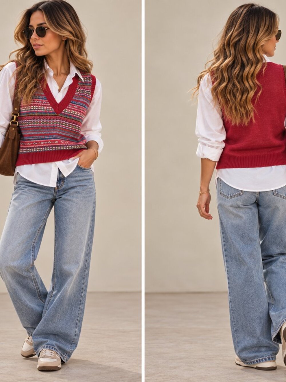Vintage Esprit Sweater Vest Size S Red Multicolor Fair Isle Wool Blend 90s